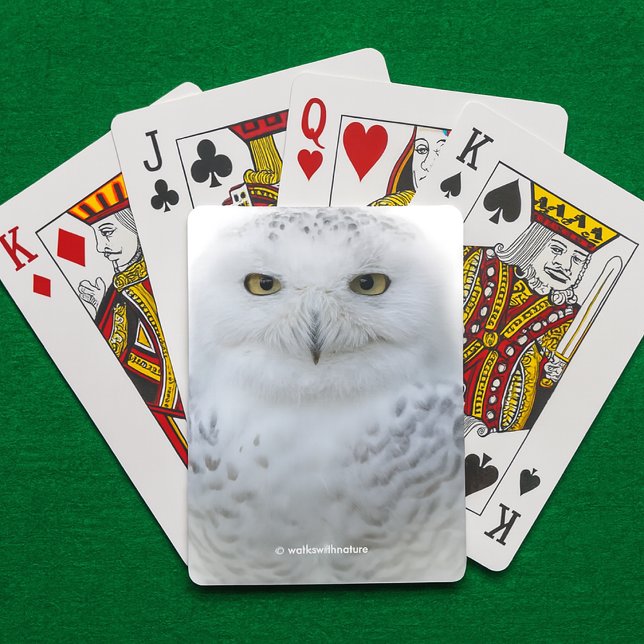 Jeu De Cartes Belle, Dreamy et Serene Snowy Owl (Snowy Owl Playing Cards on Green Felt Playing Surface Cover Photo)