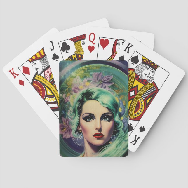 Jeu De Cartes Belle Lavande & Green Retro Style Space Woman (dos)
