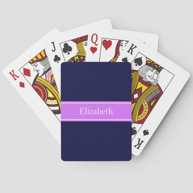 Jeu De Cartes Bleu de marine solide, Lilac Nom du ruban Monogram (dos)