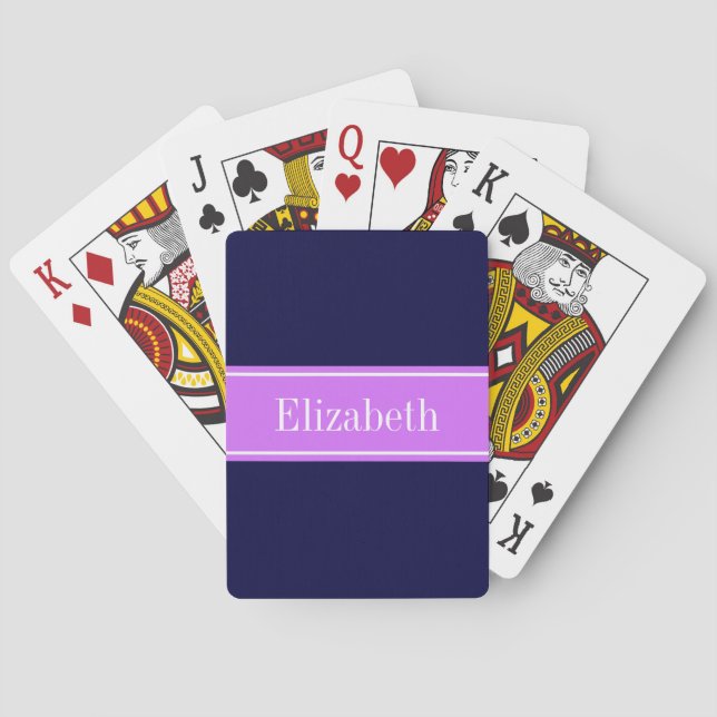Jeu De Cartes Bleu de marine solide, Lilac Nom du ruban Monogram (dos)