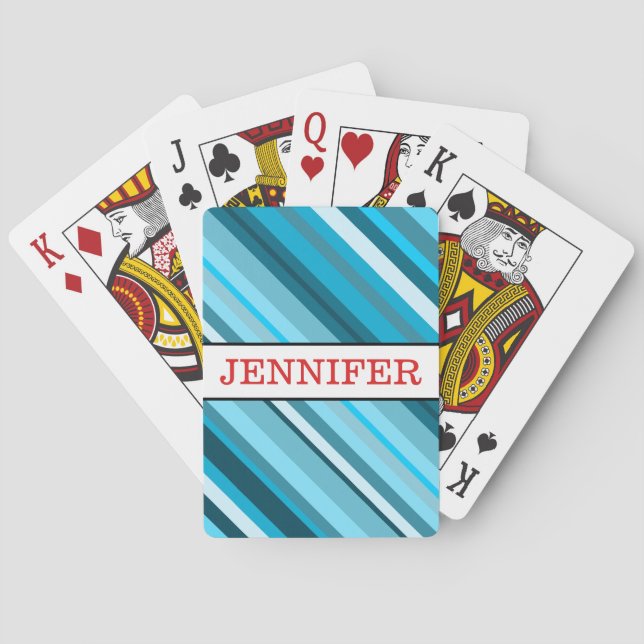 Jeu De Cartes Bleu Océan-Inspiré/Teal/rayures d'Aqua + Nom (dos)