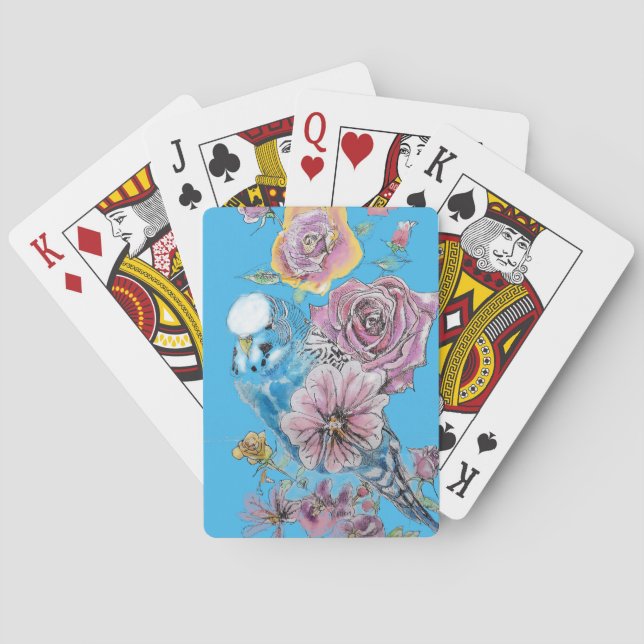Jeu De Cartes Blue Budgie Aquarelle oiseaux fleurs perroquets (dos)