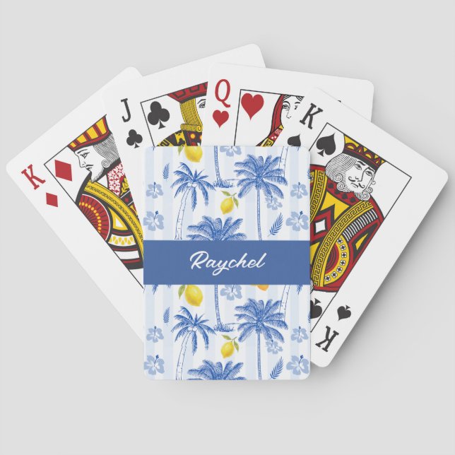 Jeu De Cartes Blue Toile Palm Trees Lemons Monogram Name (dos)