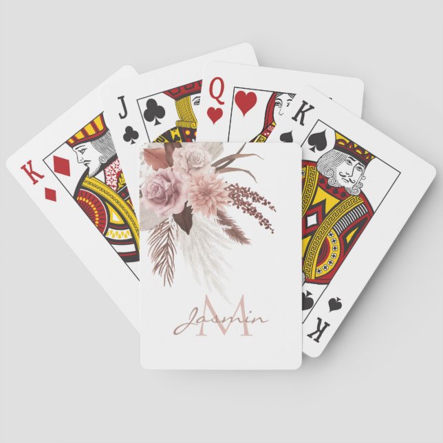 Jeu De Cartes Boho roseaux de pampa fleurs séchées Monogramme (dos)