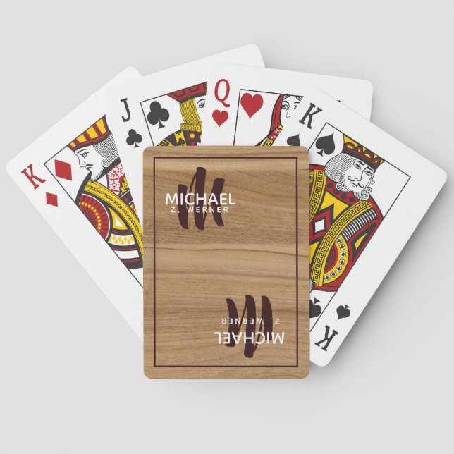 Jeu De Cartes bois (faux bois) bois brun rustique monogrammé (dos)