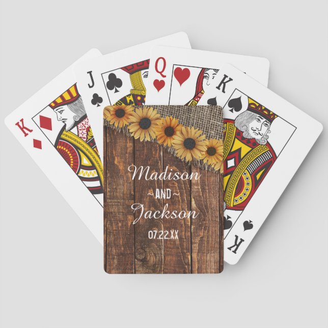 Jeu De Cartes Bois rustique & Burlap Sunflower Mariage Favoriser (dos)