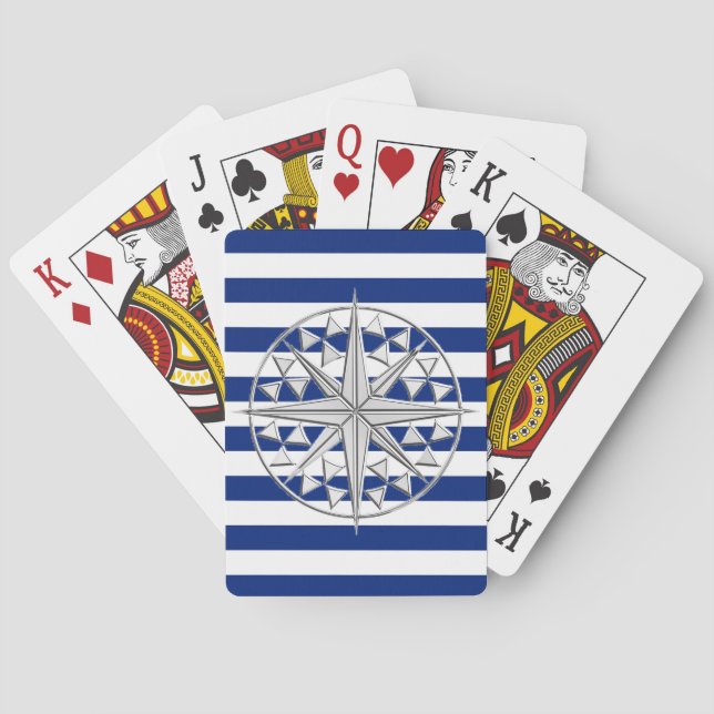 Jeu De Cartes Boussole argentée sur rayures nautiques (dos)