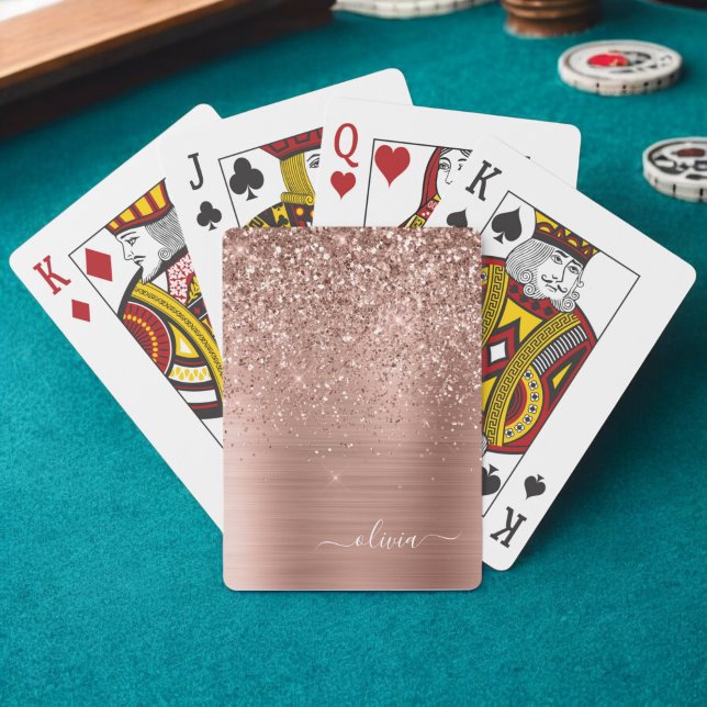 Jeu De Cartes Brushed metal rose Gold Pink Glitter Monogram (Créateur téléchargé)