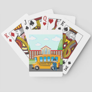 Jeu De Cartes Bus scolaire jaune avec conducteur et bâtiment sco
