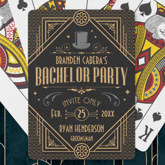 Jeu De Cartes Cadeau de soirée Art Déco pour enterrement de vie  (bachelor party favors custom personalized playing cards Art Deco speakeasy 20s theme gold and black )