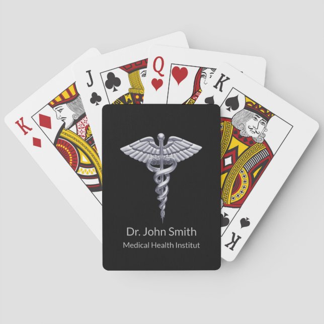 Jeu De Cartes Caducée Médicale argentée classique sur noir (dos)
