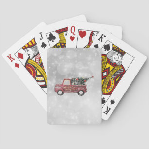 Jeu De Cartes camionnette rouge vintage sur un fond bokeh gris b