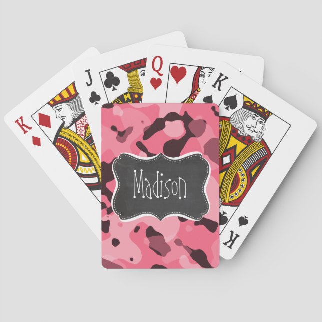 Jeu De Cartes Camo rose-rose; Camouflage; Tableau noir rétro (dos)