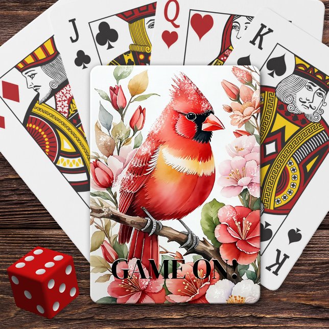 Jeu De Cartes Cardinal de Noël en neige (Deck of playing cards featuring a painting of a Christmas cardinal with snow sprinkles.)