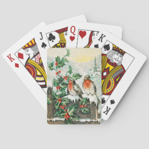 Jeu De Cartes Carte de Noël vintage avec rouges-gorges, houx, ég