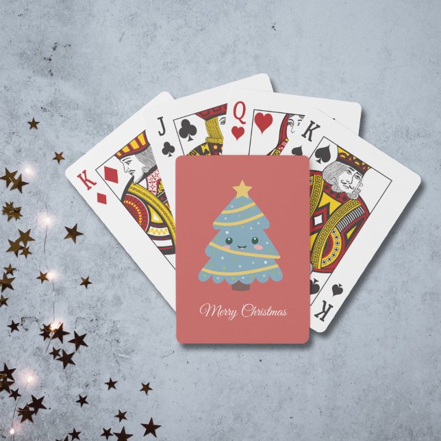 Jeu De Cartes Cartes rouges avec arbre de Noël Kawaii (Red Playing Cards with Kawaii Christmas Tree)
