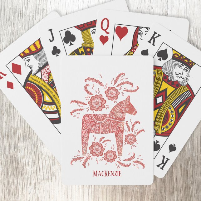 Jeu De Cartes Cheval de Dala suédois personnalisé (Swedish Dala Horse folk art red and white personalized name playing cards)