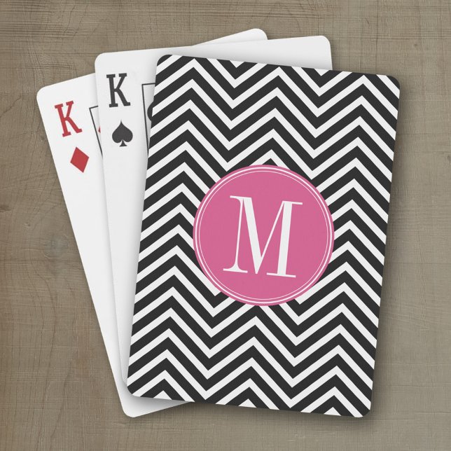 Jeu De Cartes Chevrons noir et blanc Personnalisé Monogramme ros (Personalized playing cards with monogram or custom text)