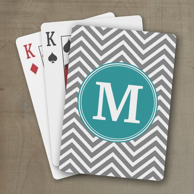 Jeu De Cartes Chevrons Turquoise et Charbon Monogramme personnal (Personalized playing cards with an area for text such as a name or monogram)