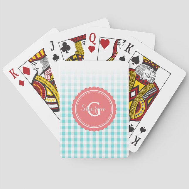 Jeu De Cartes chic preppy turquoise en vichy motif monogramme (dos)