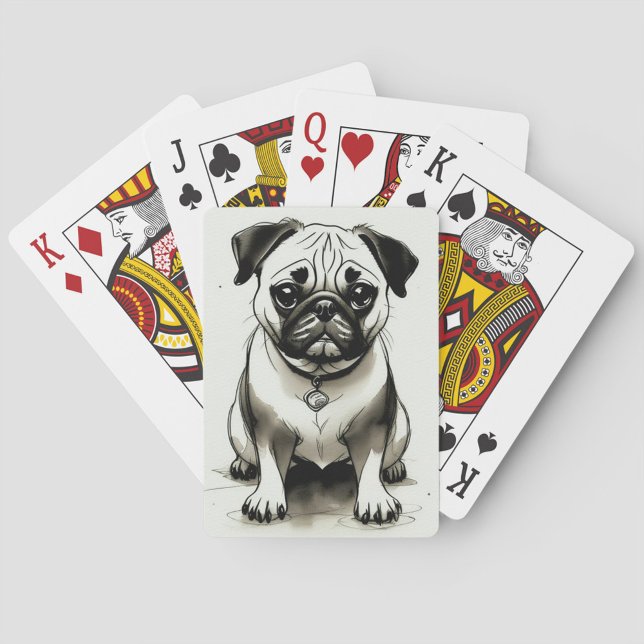 Jeu De Cartes Chien carlin (Watercolor illustration of a pug dog sitting, with a collar and a pendant, black and white color.)