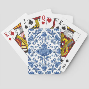Jeu De Cartes Chinoiserie Florale Bleue sur Fond Blanc Aquarelle