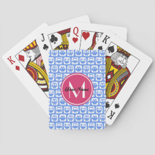 Jeu De Cartes Chouette bleue Motif rose Personnalisé Monogramme