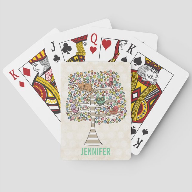 Jeu De Cartes Chouette chatte et oiseaux dans un arbre Illustrat (dos)