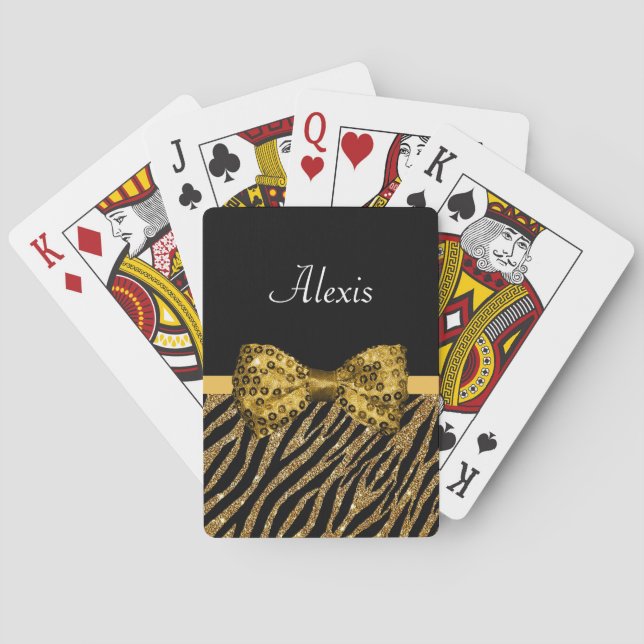 Jeu De Cartes Classé Gold Zebra Imprimer FAUX Glitz Bow avec nom (dos)