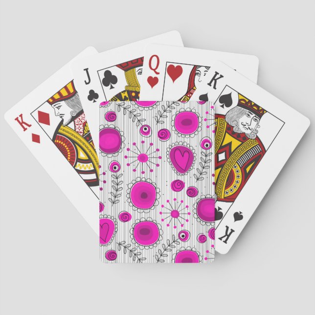 Jeu De Cartes Coeurs blancs Whimsical rose chaud et fleurs flora (dos)