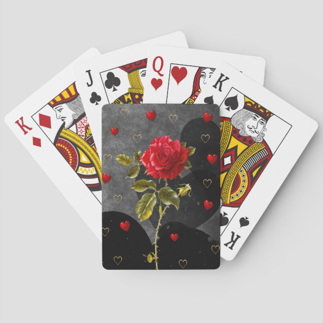 Jeu De Cartes Coeurs Grunge Noir avec Rose Rouge (dos)