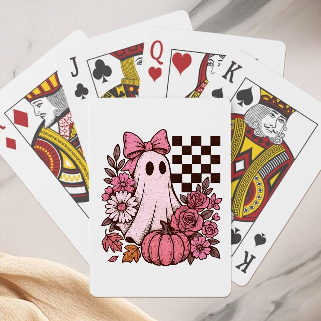 Jeu De Cartes Coquette rose rétro Fille fantôme avec Bow Hallowe (This coquette ghost retro Halloween design combines floral sweetness with spooky spirit.)