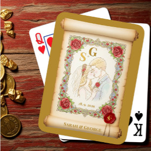 Jeu De Cartes Couple de baiser Monogrammé, Or, Défilement Mariag