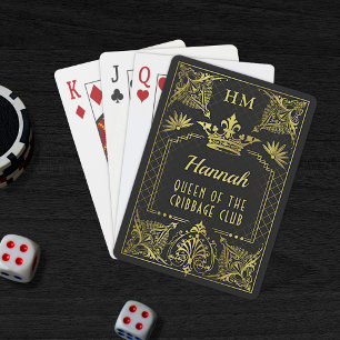 Jeu De Cartes Couronne de monogramme d'or noir Nom personnalisé 