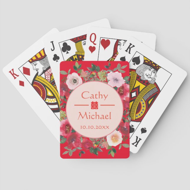 Jeu De Cartes Couronne florale rouge mariage chinois moderne (dos)