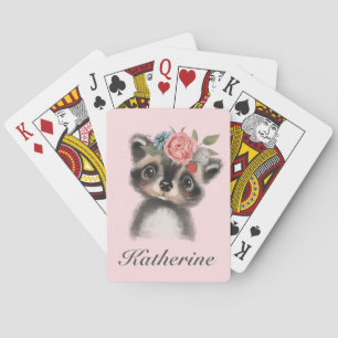 Jeu De Cartes Cute Aquarelle Raccoon rose Floral