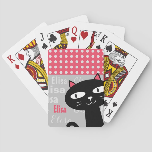 Jeu De Cartes Cute Chat Noir Pois Rose Ajouter Votre Nom (dos)