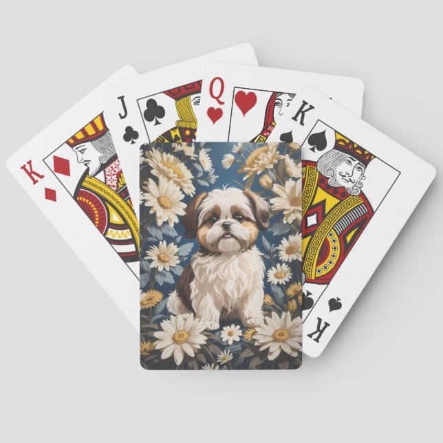 Jeu De Cartes Cute Chih Tzu Chien Blanc Fleurs De Faisée (dos)