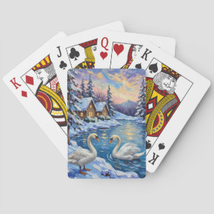 Jeu De Cartes Cygnes vintage sur un lac hivernal - Peinture de N