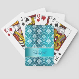Jeu De Cartes Damassé bleue et blanche d'Aqua de monogramme