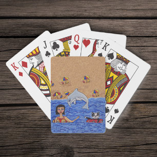 Jeu De Cartes Dame de l'art populaire, chat, plage, océan, dauph