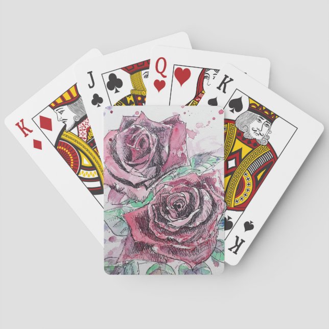 Jeu de cartes de jeu à l'aquarelle rouge à fleurs (dos)
