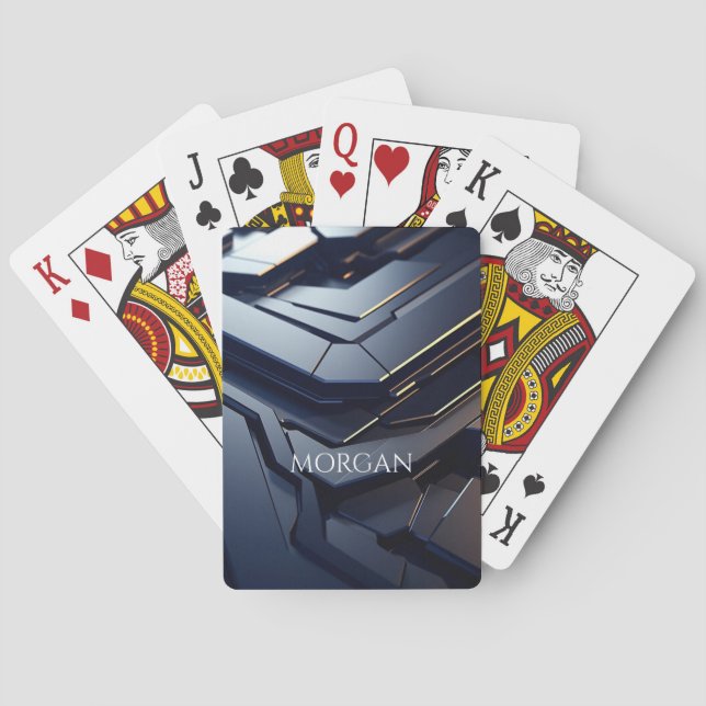 Jeu De Cartes Design géométrique moderne noir et gris, nom blanc (dos)