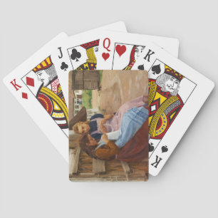 Jeu De Cartes Deux Filles avec Needlework assis dans une ferme