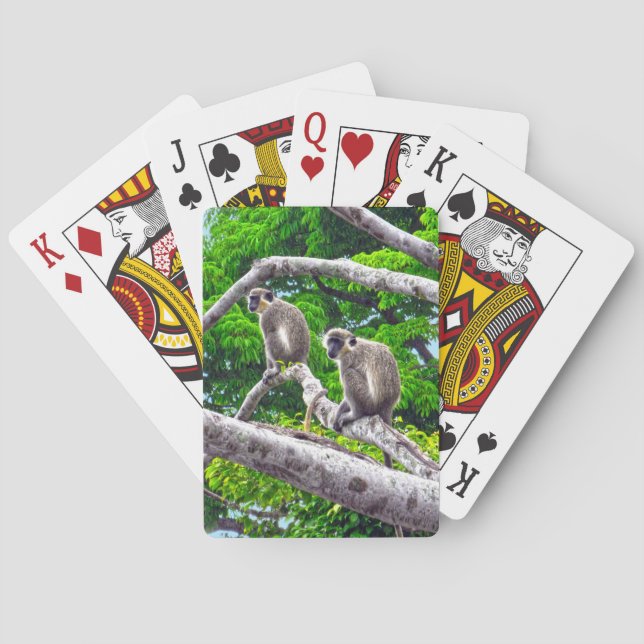 Jeu De Cartes Deux Singes Verts Assis Dans L'Arbre Jouant Aux Ca (dos)