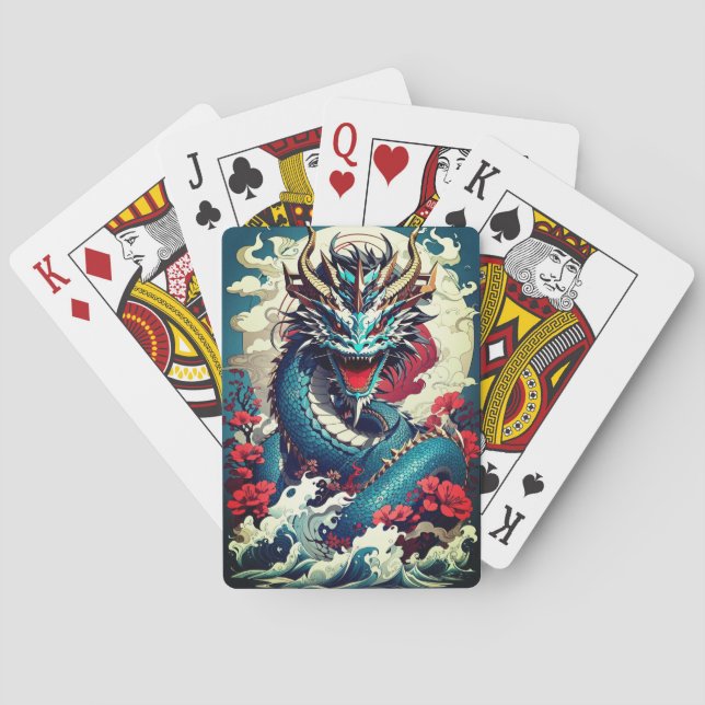 Jeu De Cartes Dragon Imaginaire Et Fleurs Rouges (dos)