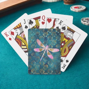 Jeu De Cartes Dragonfly rose Gold sur Turquoise Floral Arrière -