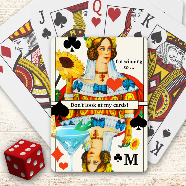Jeu De Cartes Drôle Cocktail Queen Jouer Cartes Deck (Deck of playing cards featuring a colorful design with a queen with sunflower and cocktail.)