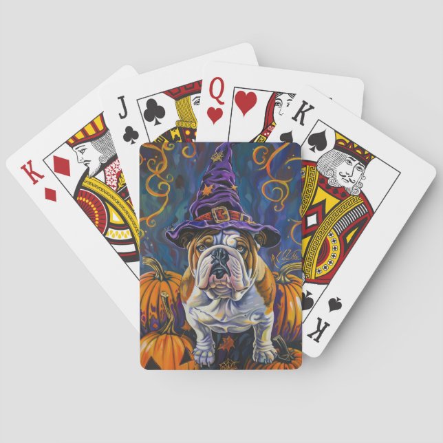 Jeu De Cartes Éffrayant Bulldog Halloween sorcière et Citrouille (dos)