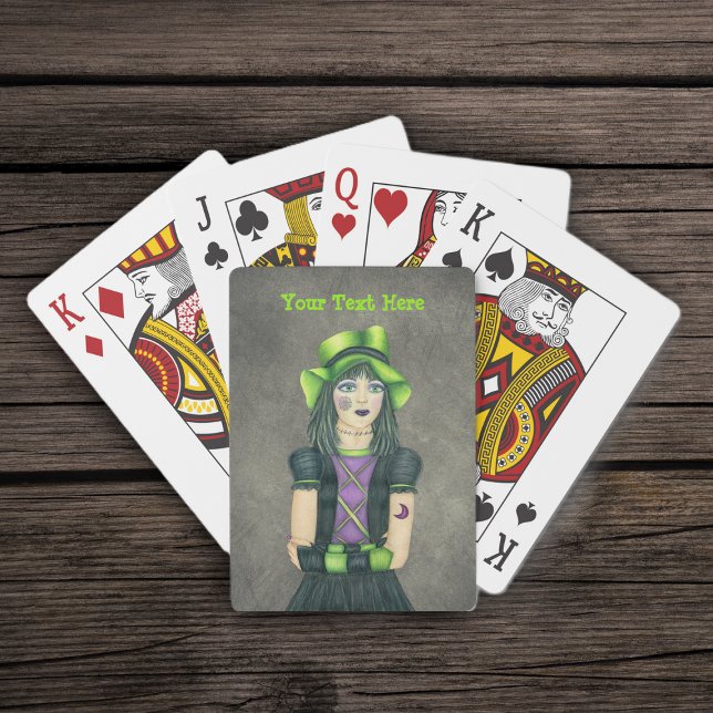 Jeu De Cartes Éffrayante gothique fille verte Casquette robe noi (Gothic spooky girl green hat black dress tattoos on misty grey deck of playing cards.)